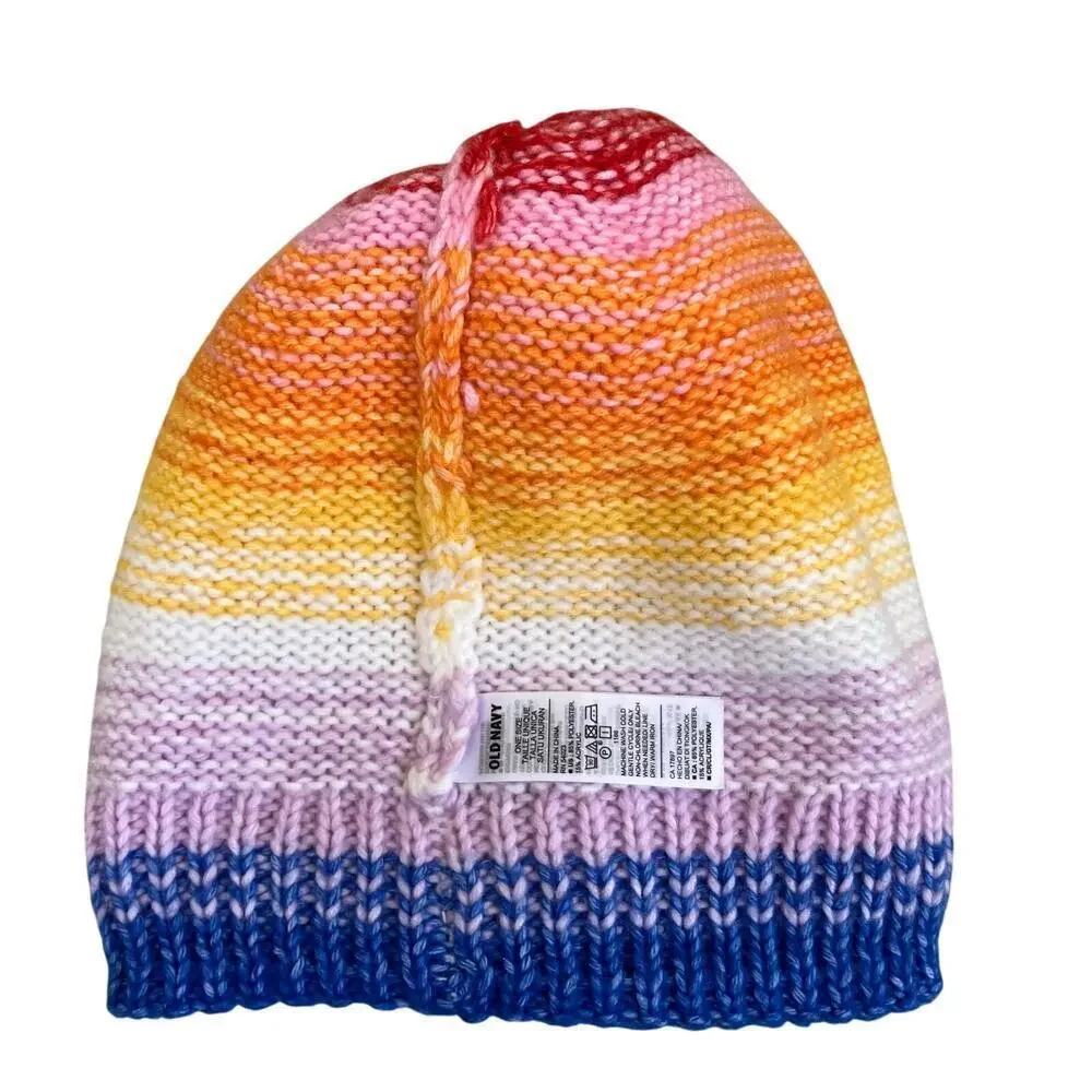Old Navy Matching Hat and Scarf Set Rainbow Color Chunky Knit Sweater Fabric
